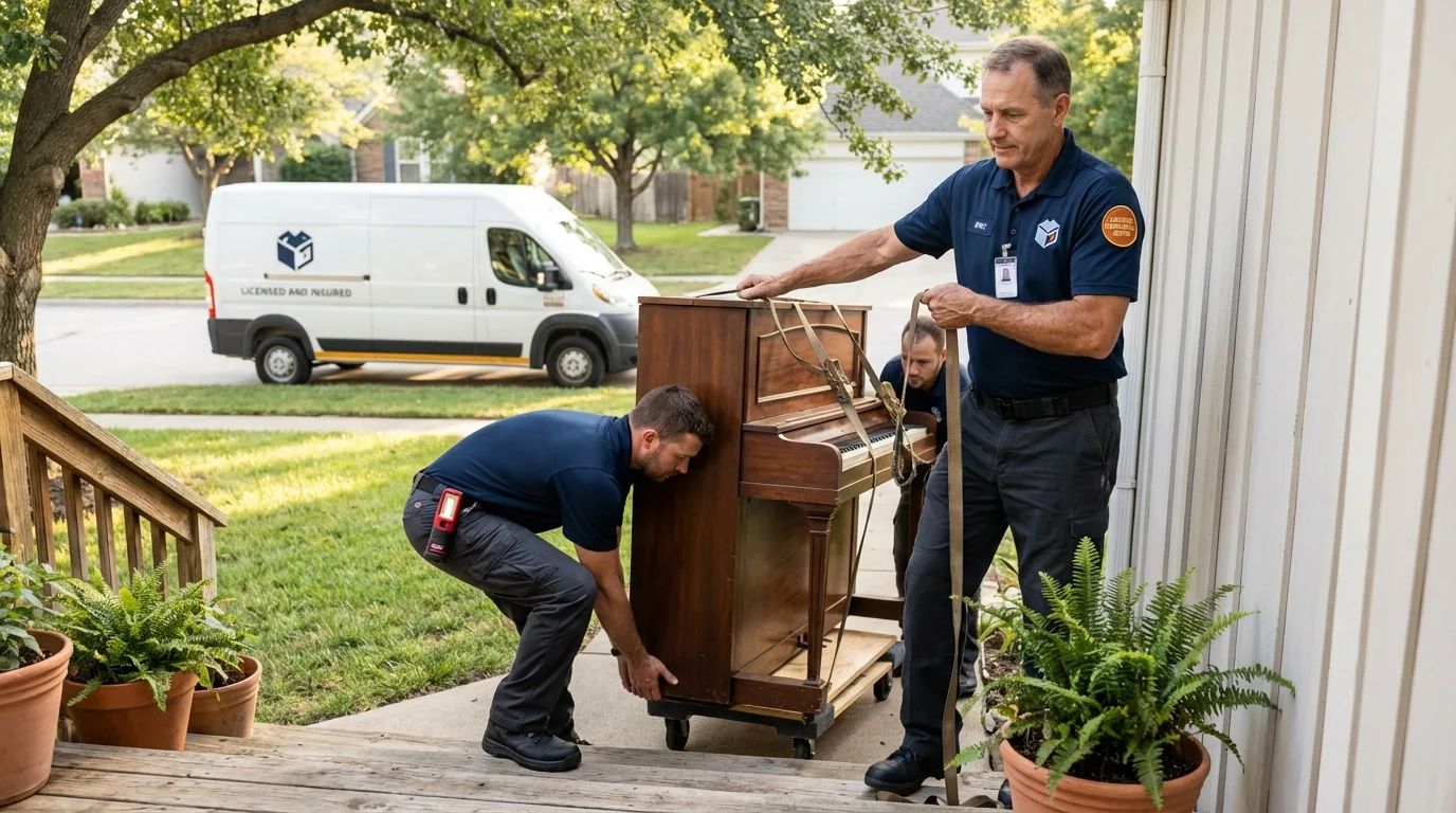 Licensed piano movers securing grand piano in Brocton, NY