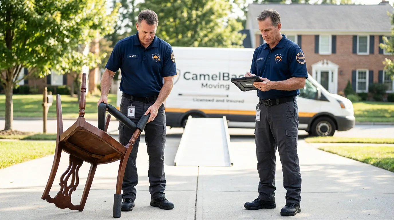 Movers inspecting furniture for damage prevention before loading in Brocton, NY