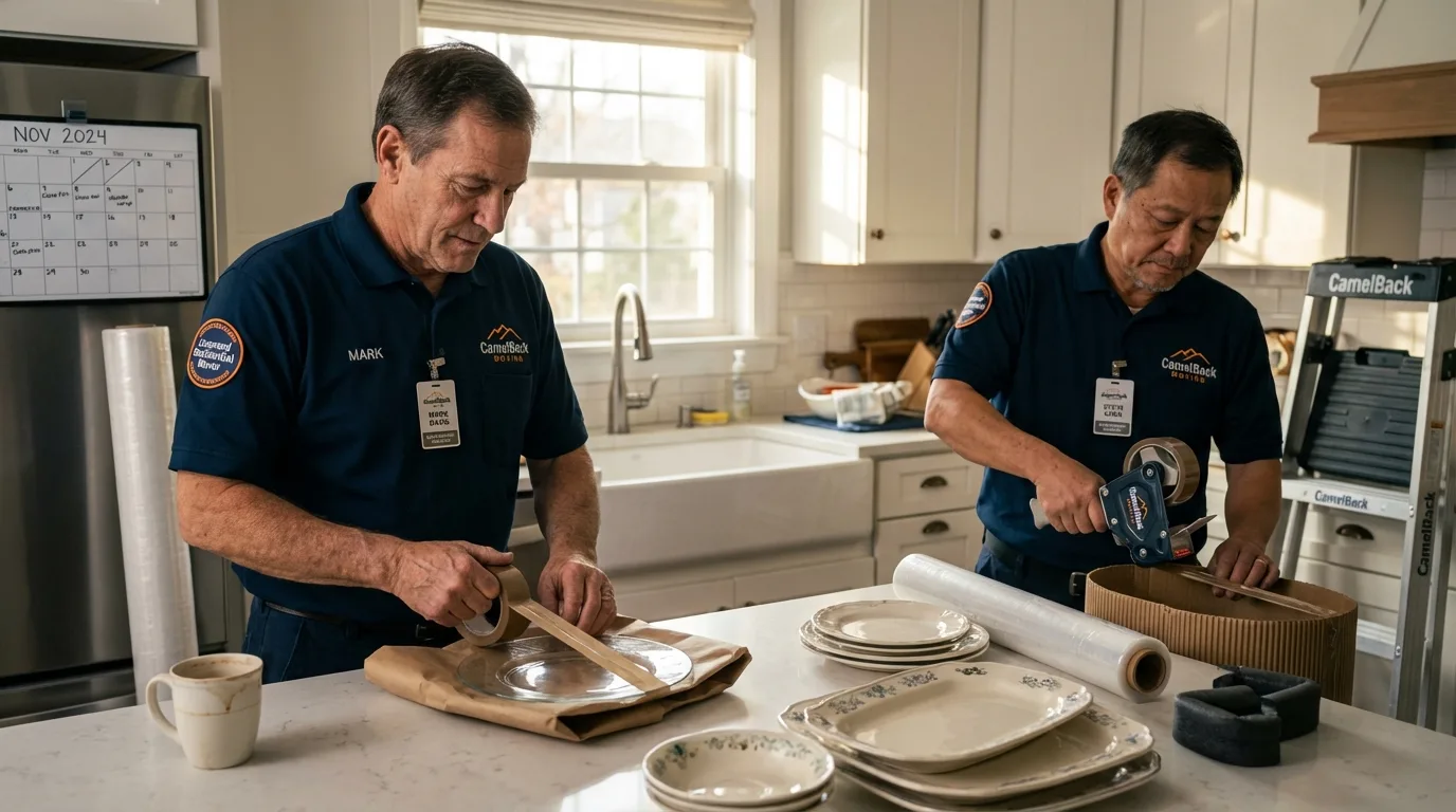 Professional crew packing kitchen dishware in Brocton, NY